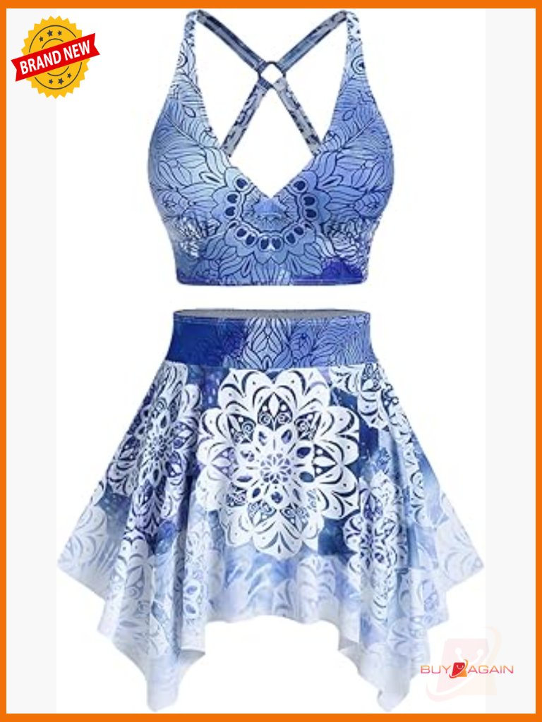 Plus Size Tankini Swimsuit Set - Ethnic Print O-Ring
